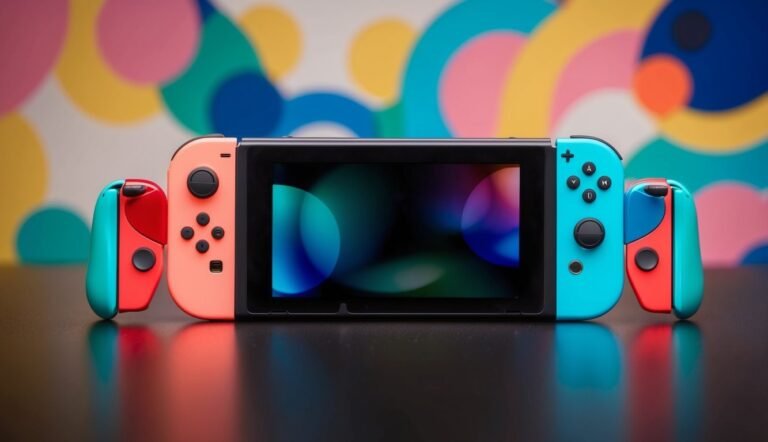Nintendo Switch console with coral and blue controllers on a black surface