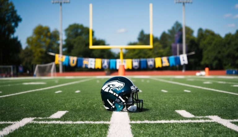 Football helmet on the field with goalposts and banners in the background
