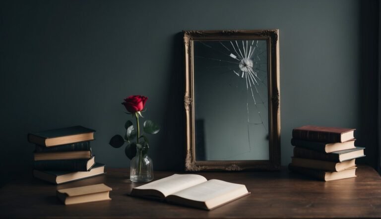 Cracked mirror, red rose, books, and open book on a wooden table