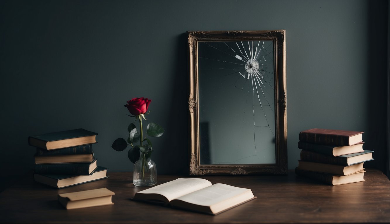 Cracked mirror, red rose, books, and open book on a wooden table