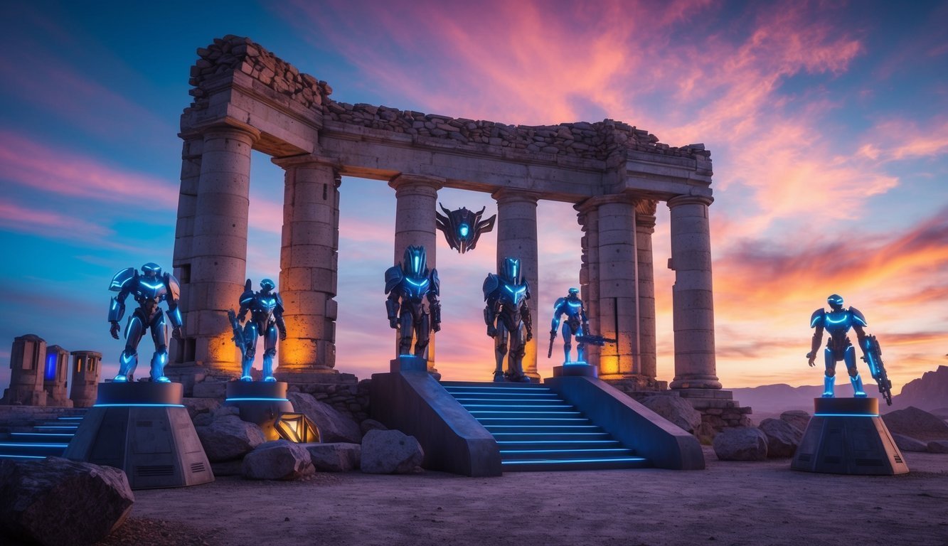 Robotic figures stand before ancient ruins with a sunset sky