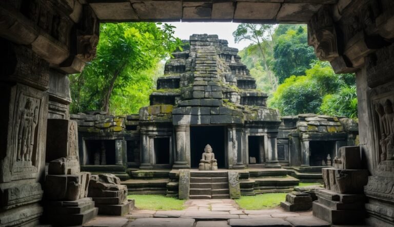 Ancient stone temple with a Buddha statue, surrounded by lush green foliage