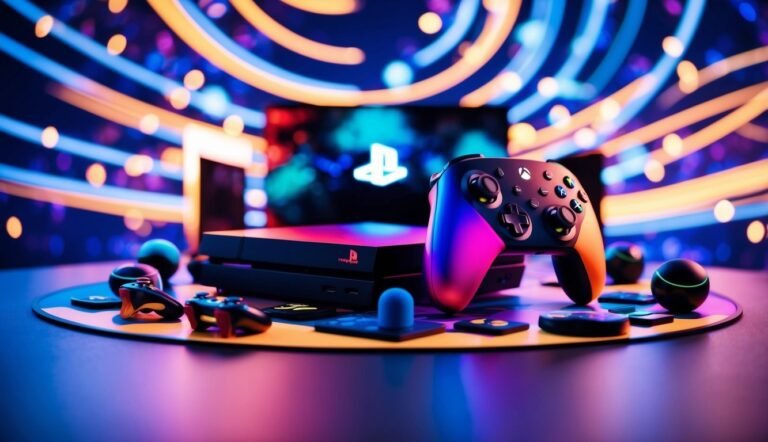 PlayStation console, controllers, and neon lights in a gaming setup
