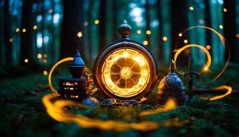 Glowing clock and objects in a forest, with light trails and bokeh