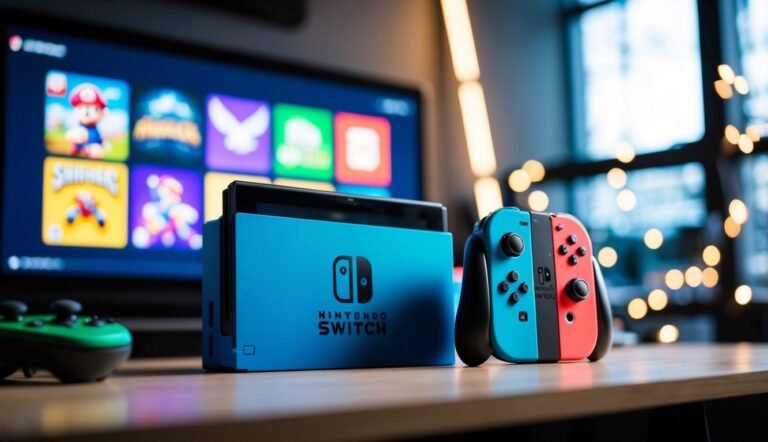 Nintendo Switch console with blue and red controllers on a table