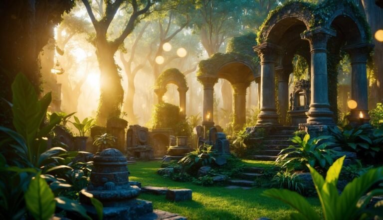 Ancient ruins overgrown with plants in a sunlit, magical forest