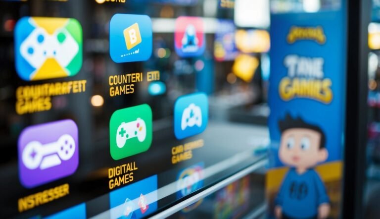 Close-up of a screen displaying game icons and a "Time Games" sign