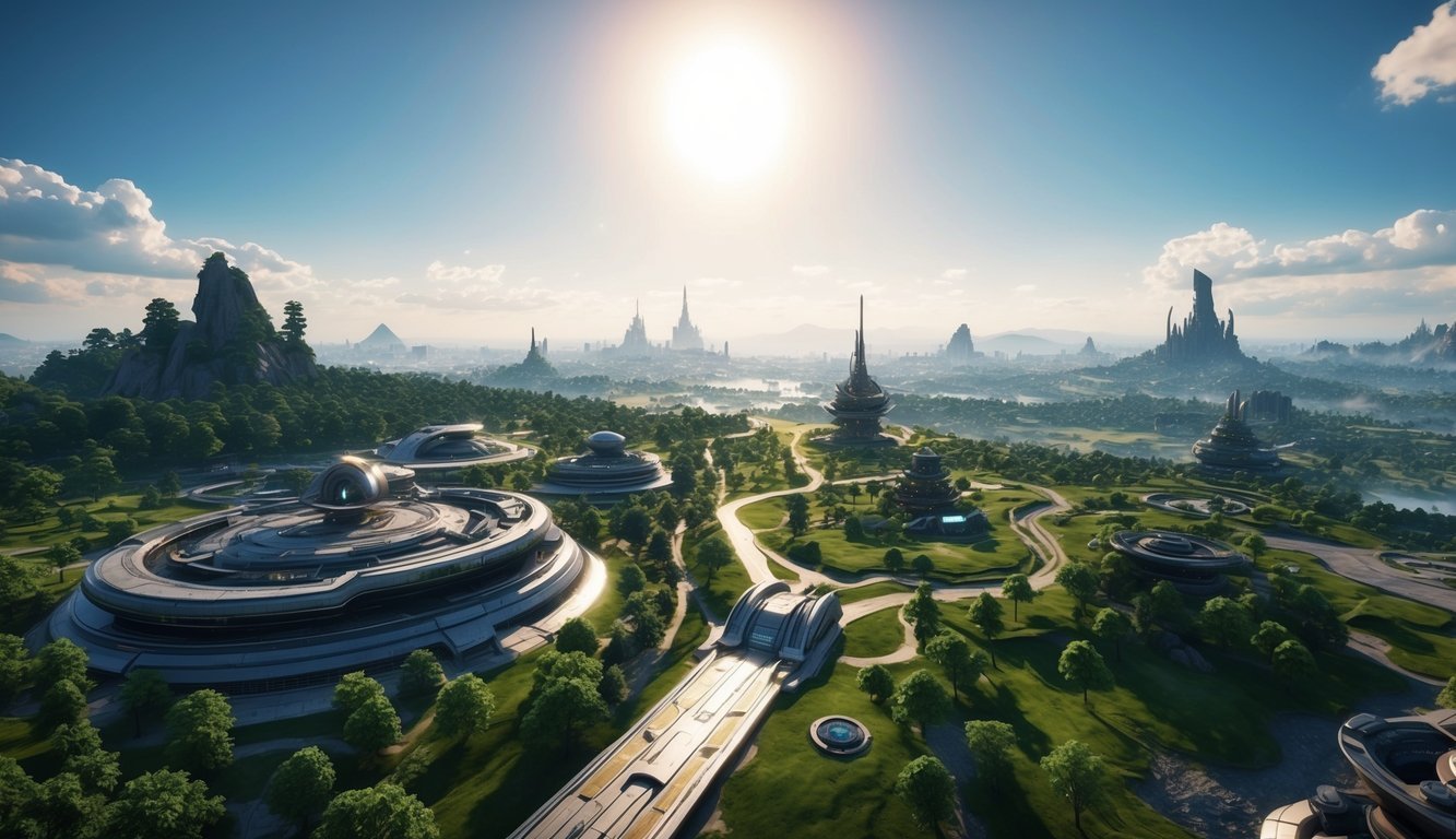 Futuristic city with modern buildings, green spaces, and distant mountain range