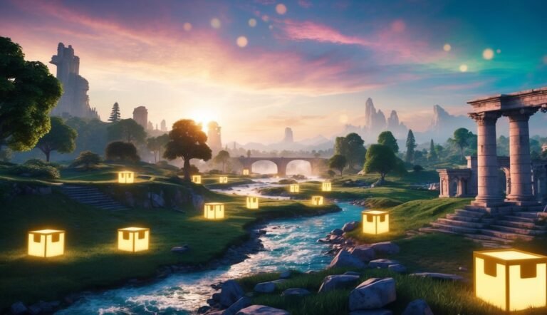 Scenic landscape with glowing cube lanterns, river, bridge, and ancient ruins