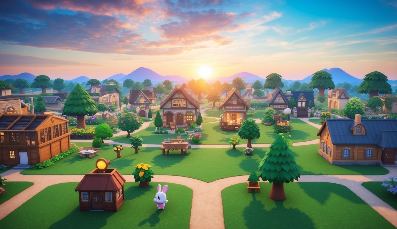 Cartoon village with houses, trees, and a bunny at sunset