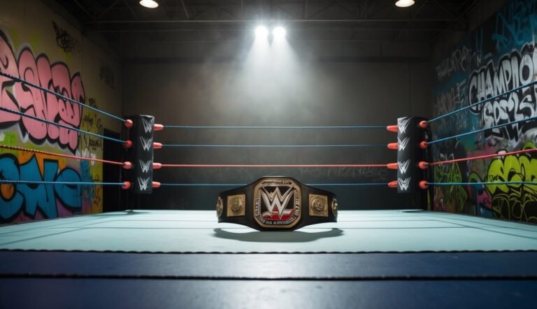 WWE championship belt in a wrestling ring with graffiti walls