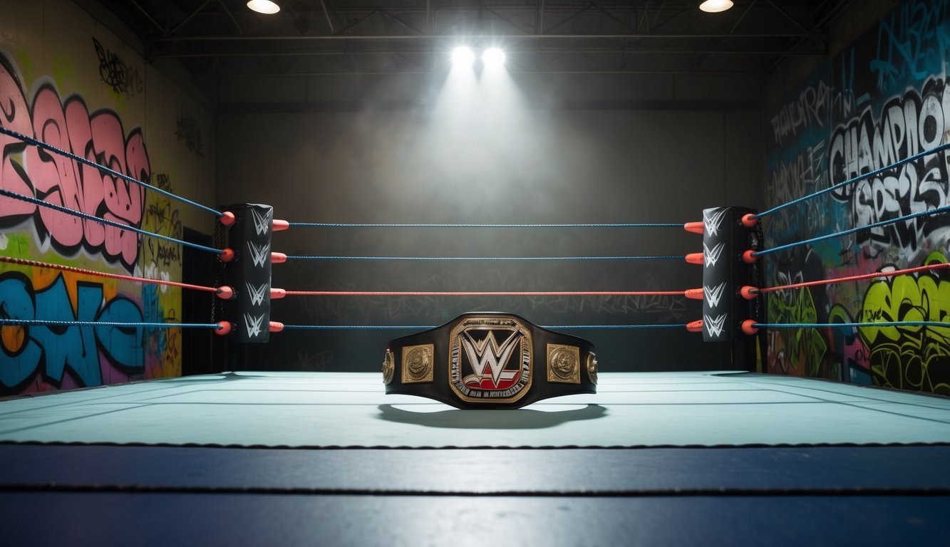 WWE championship belt in a wrestling ring with graffiti walls