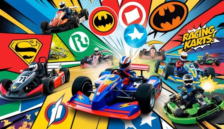 Cartoon-style image of racing karts with superhero logos and drivers