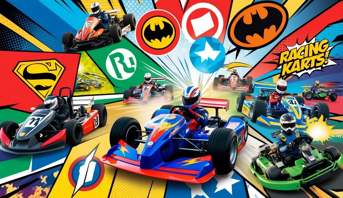 Cartoon-style image of racing karts with superhero logos and drivers