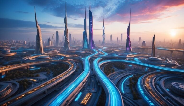 Futuristic city with tall, sleek skyscrapers and glowing blue highways