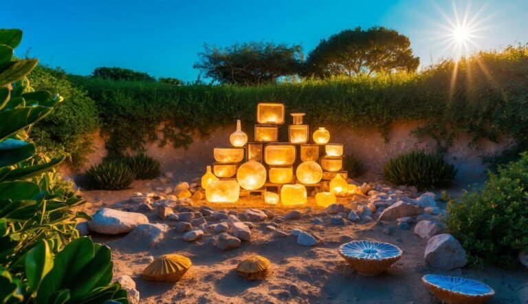 Glowing lanterns arranged in a pyramid shape, surrounded by greenery and rocks