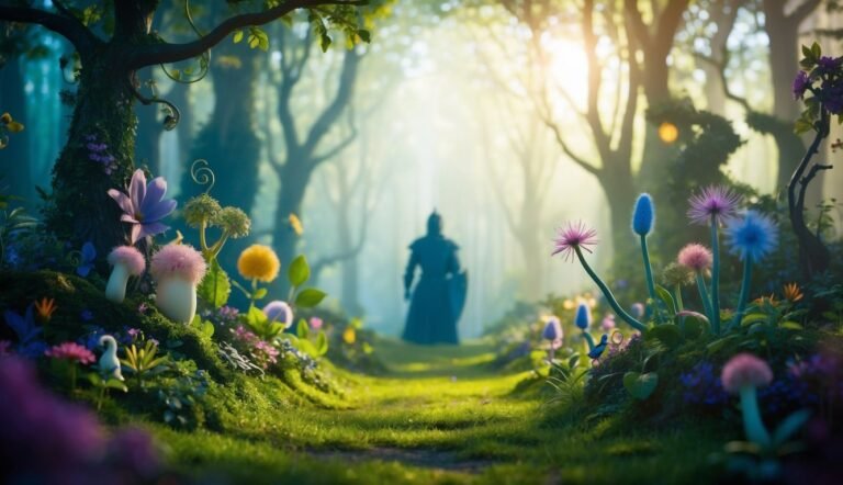 Enchanted forest path with flowers, a knight, and a bright, sunny light