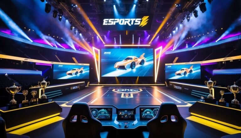 Esports arena with screens displaying a car, trophies, and gaming chairs
