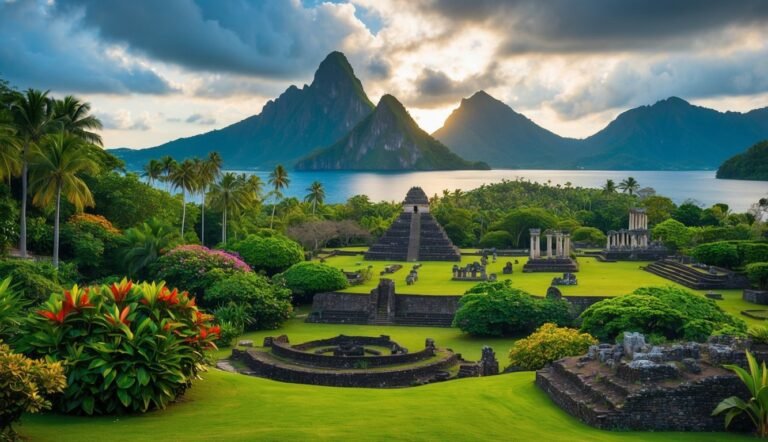 Ancient ruins and pyramid on a tropical island with mountains in background
