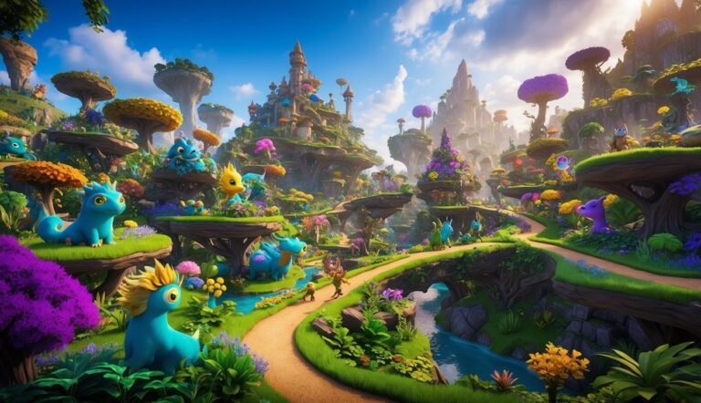 Fantasy landscape with colorful creatures, castle, and winding paths
