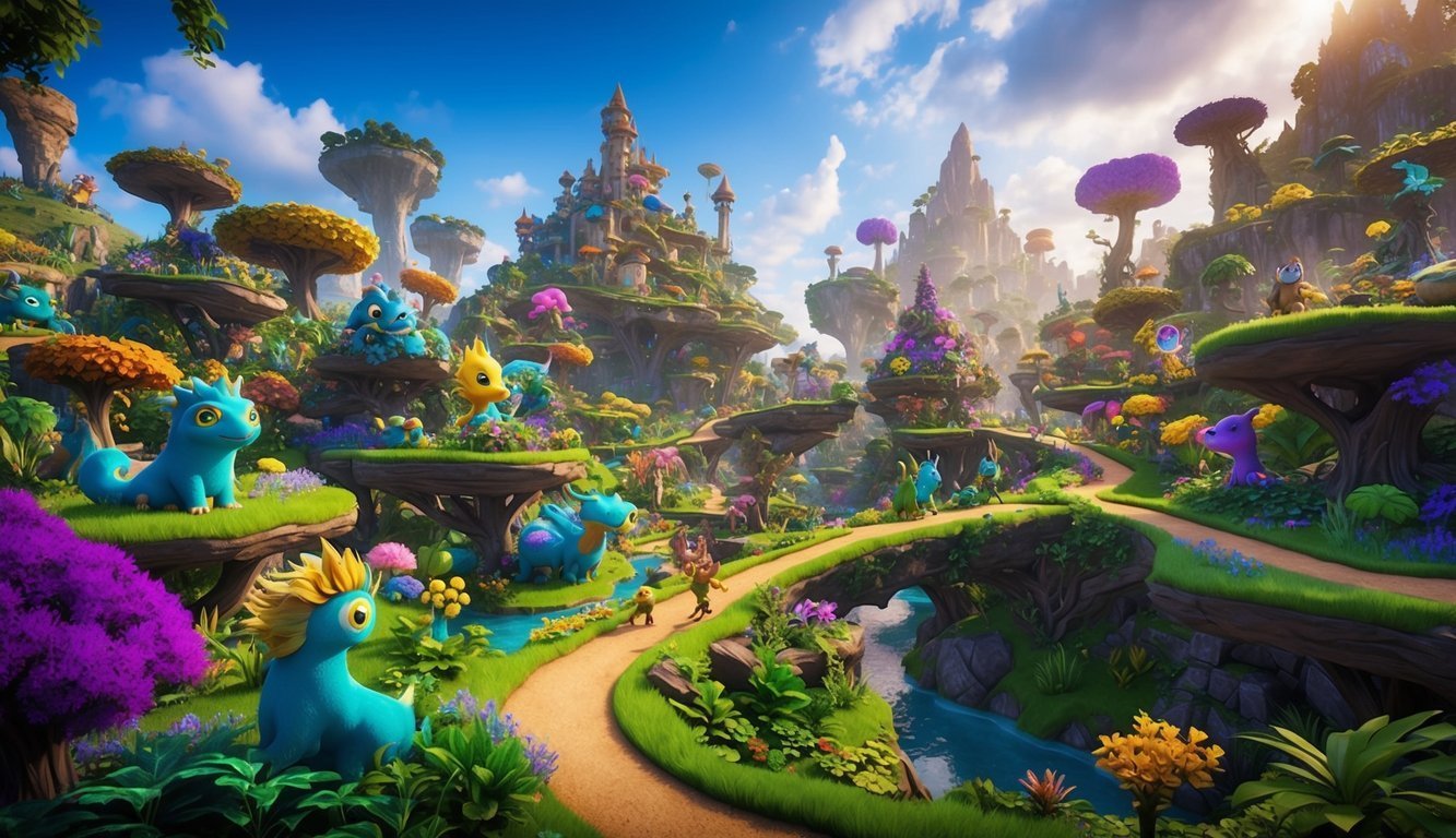 Fantasy landscape with colorful creatures, castle, and winding paths