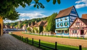 Cobblestone street, race track, and colorful buildings in a quaint village