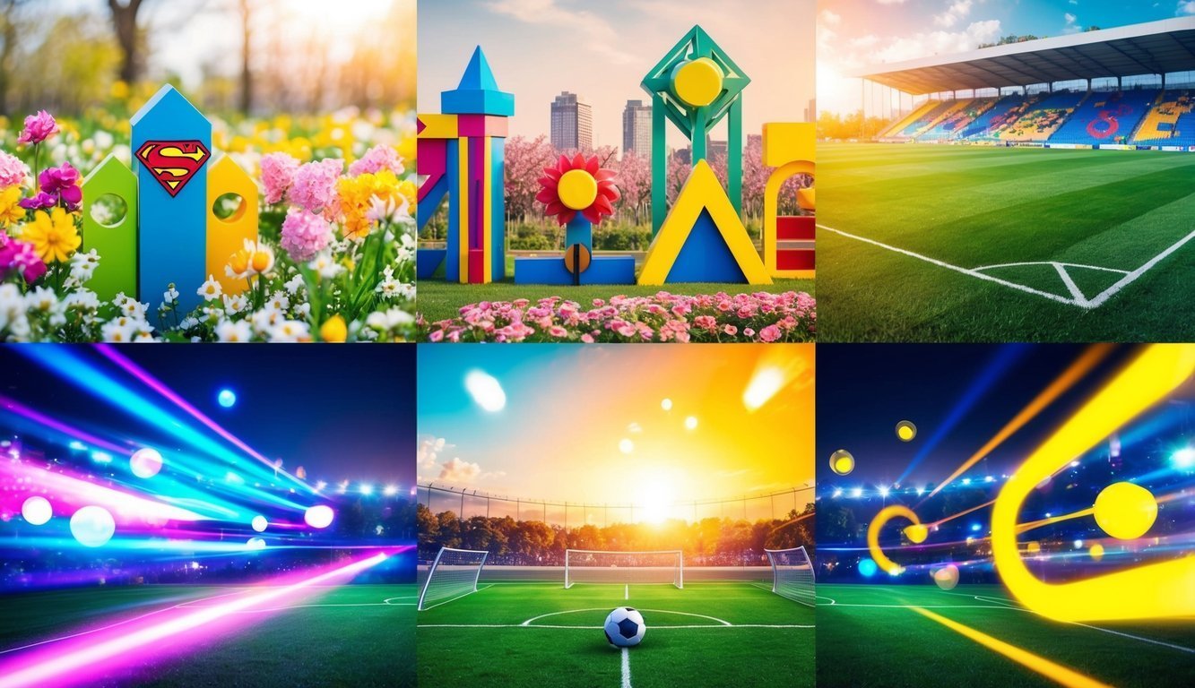 Six images: flowers, abstract shapes, stadium, and soccer fields with effects