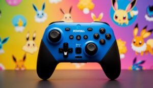 Blue Powra controller with Pokemon background and Eevee characters