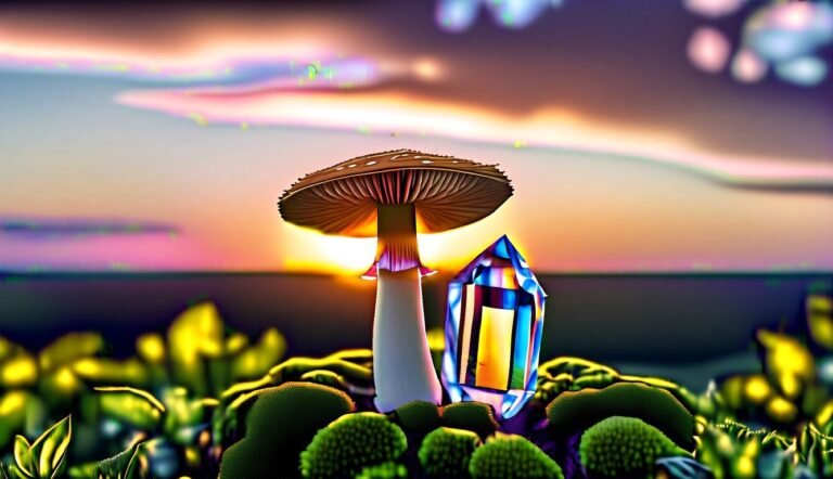 Mushroom and crystal on a mossy hill with a sunset background