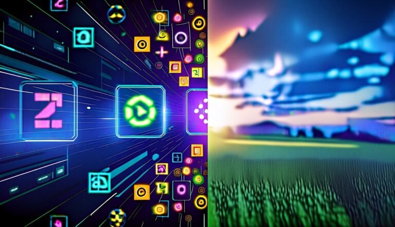 Abstract digital art with icons and a blurred landscape