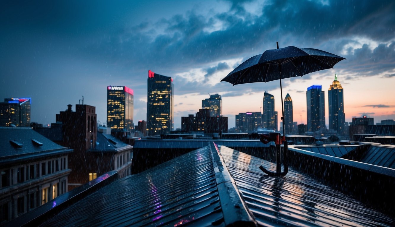 Rainy cityscape with an umbrella on a rooftop at dusk. Skyscrapers in the background
