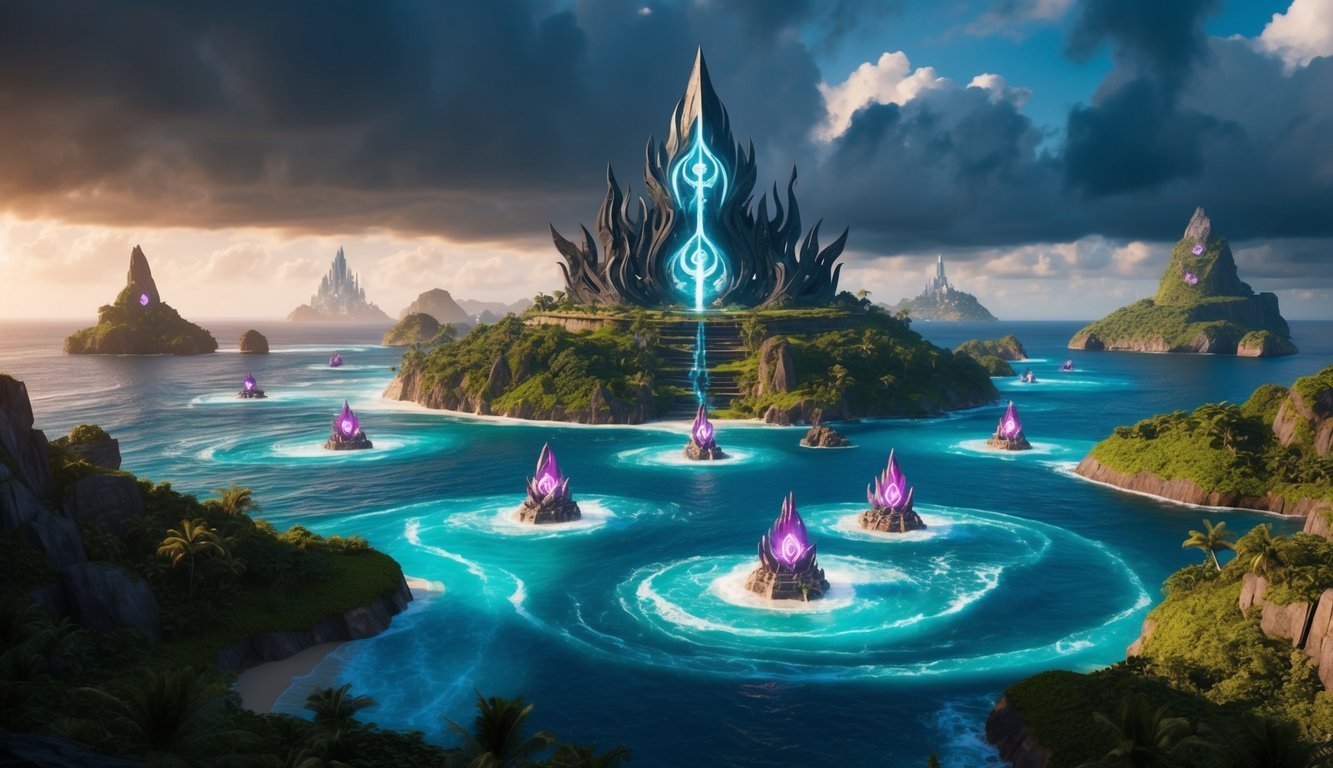 Fantasy island with glowing crystals and a central structure, ocean view