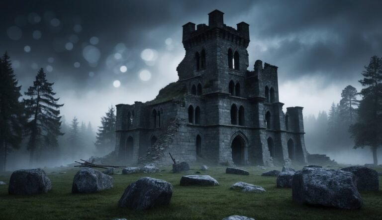 Ruined stone castle in a foggy forest, with large rocks in the foreground