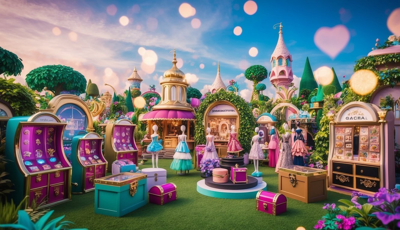 Whimsical outdoor jewelry shop with dresses, chests, and colorful buildings
