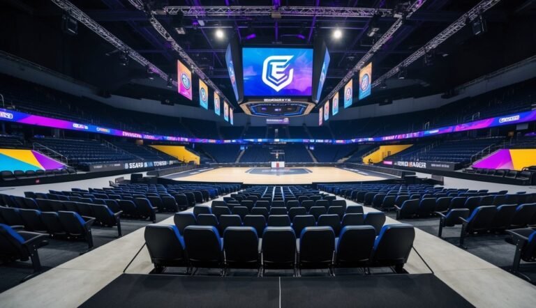 Empty basketball arena with blue seats, court, and large screen with logo