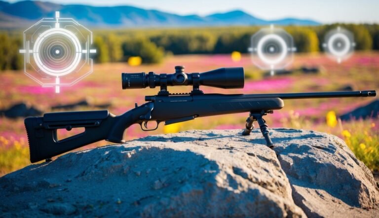 Black rifle with scope on a rock, with crosshairs in the background