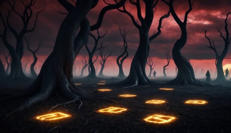 Dark forest with glowing symbols, silhouetted figures, and a red sky