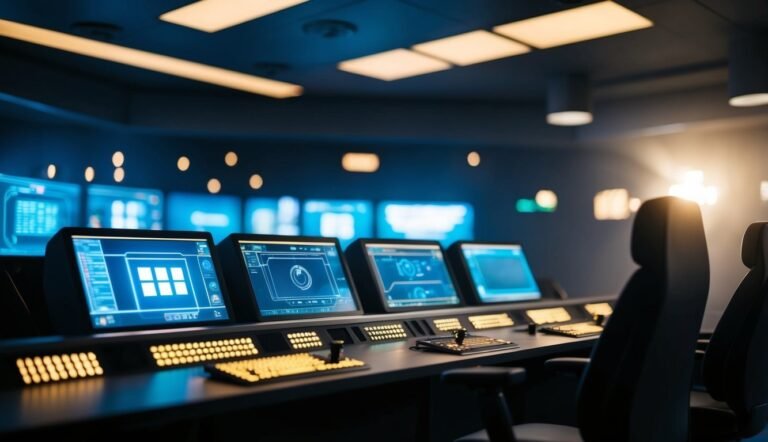 Control room with multiple computer screens and keyboards, blue lighting