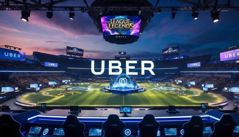League of Legends esports arena with Uber branding, stadium, and players