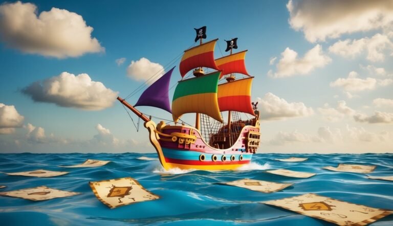 Colorful pirate ship sailing on blue water with treasure maps