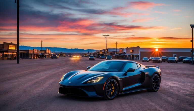 Black sports car parked on a dusty road at sunset in a town