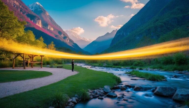 Man standing near a river with mountains and a golden light beam