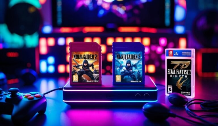 Video game cartridges and console with neon lights in a gaming setup