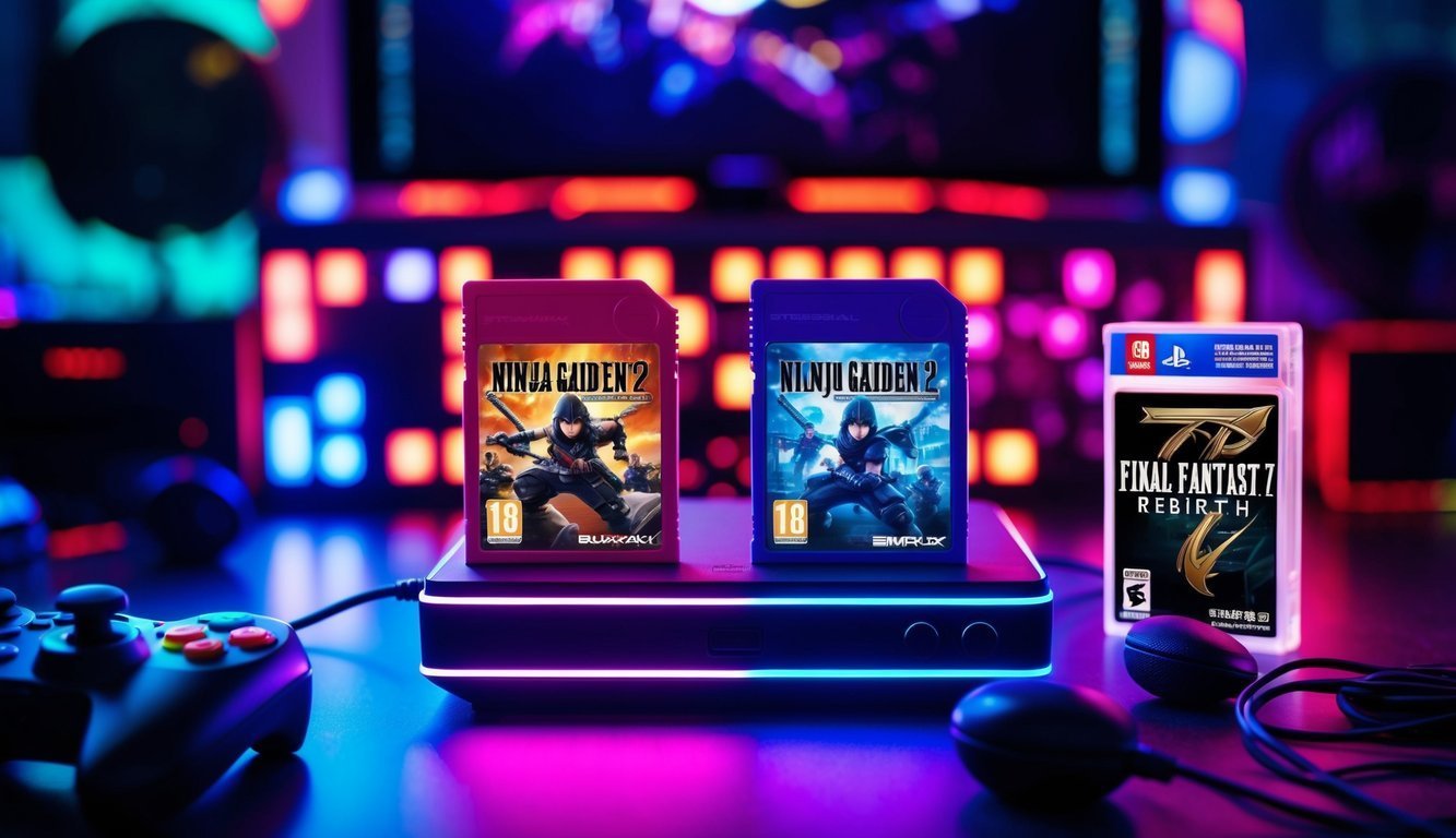 Video game cartridges and console with neon lights in a gaming setup