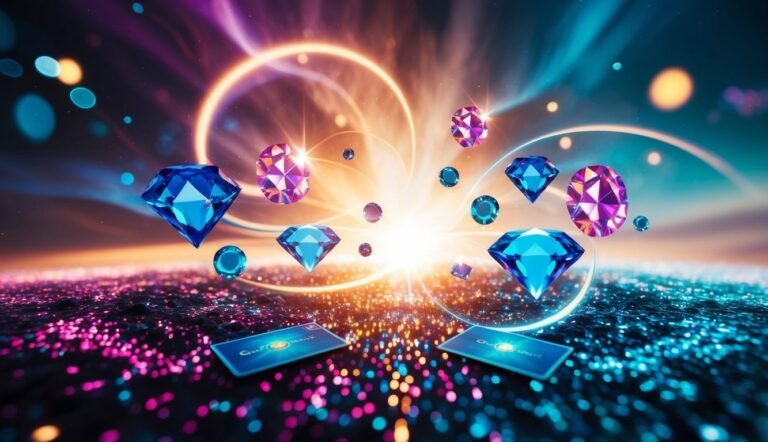 Floating diamonds and cards with a colorful, abstract, glowing background