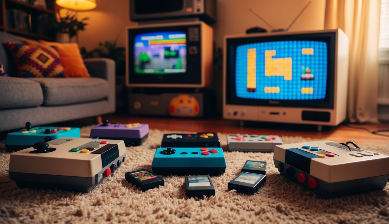 Retro gaming setup with controllers, cartridges, and vintage televisions