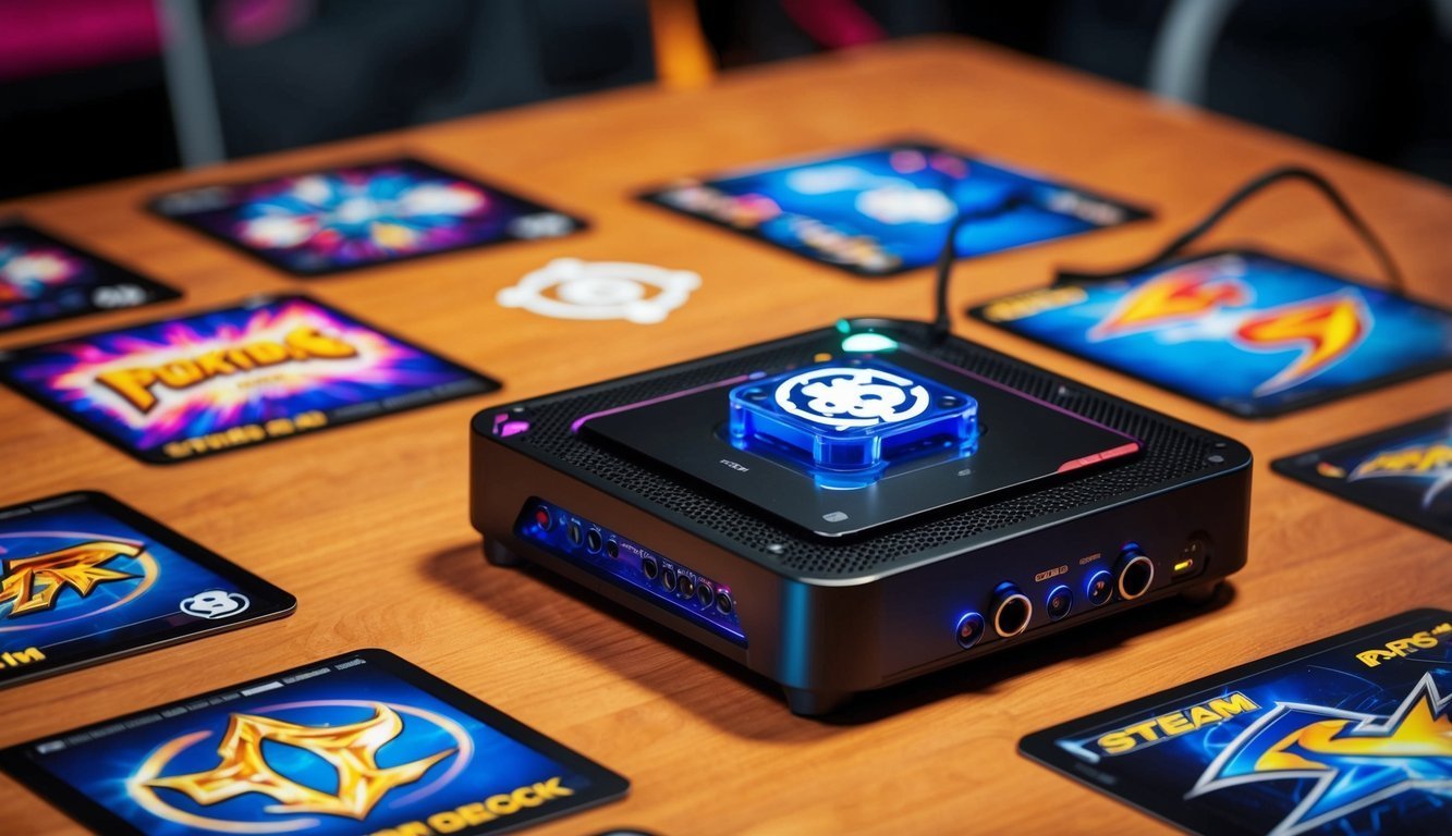 Gaming console with cards on a wooden table, blue lights