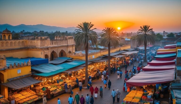 Busy marketplace with stalls, people, and palm trees at sunset