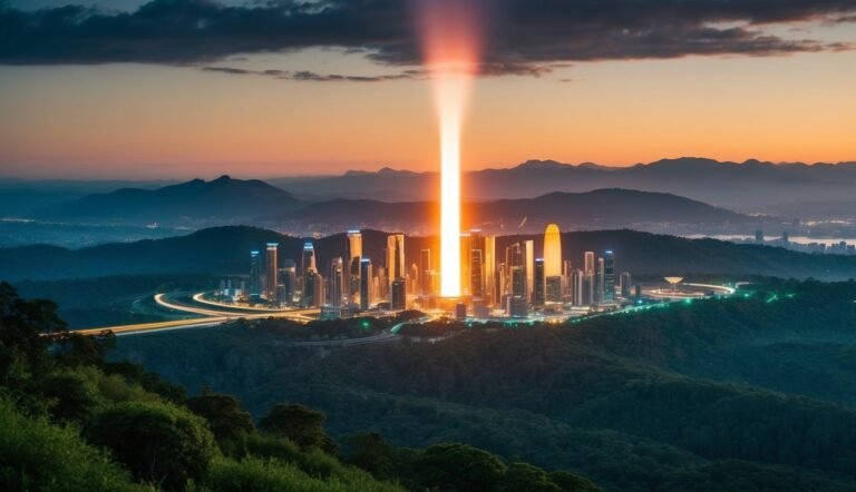 City skyline with a beam of light shining down at sunset