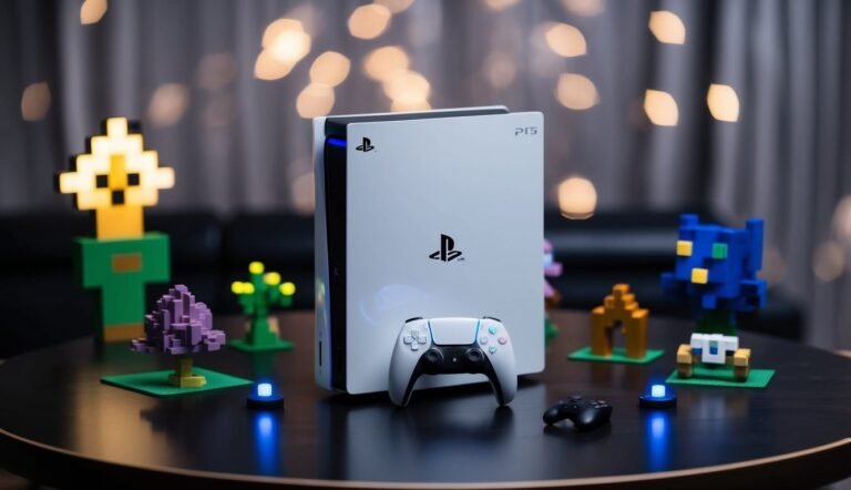 PlayStation 5 console with controller and pixelated decorations on a table